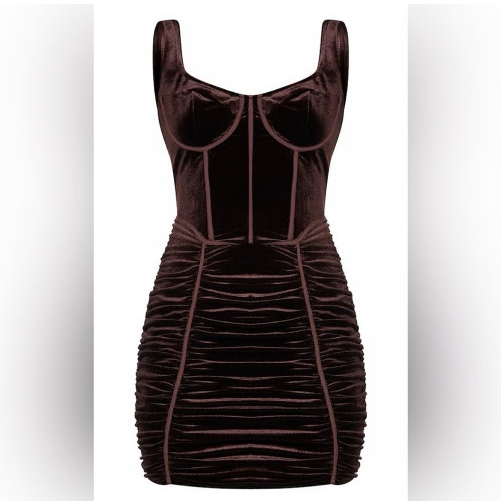 PrettyLittleThing Chocolate Brown Velvet Ruched Corset Mini Party Dress 12